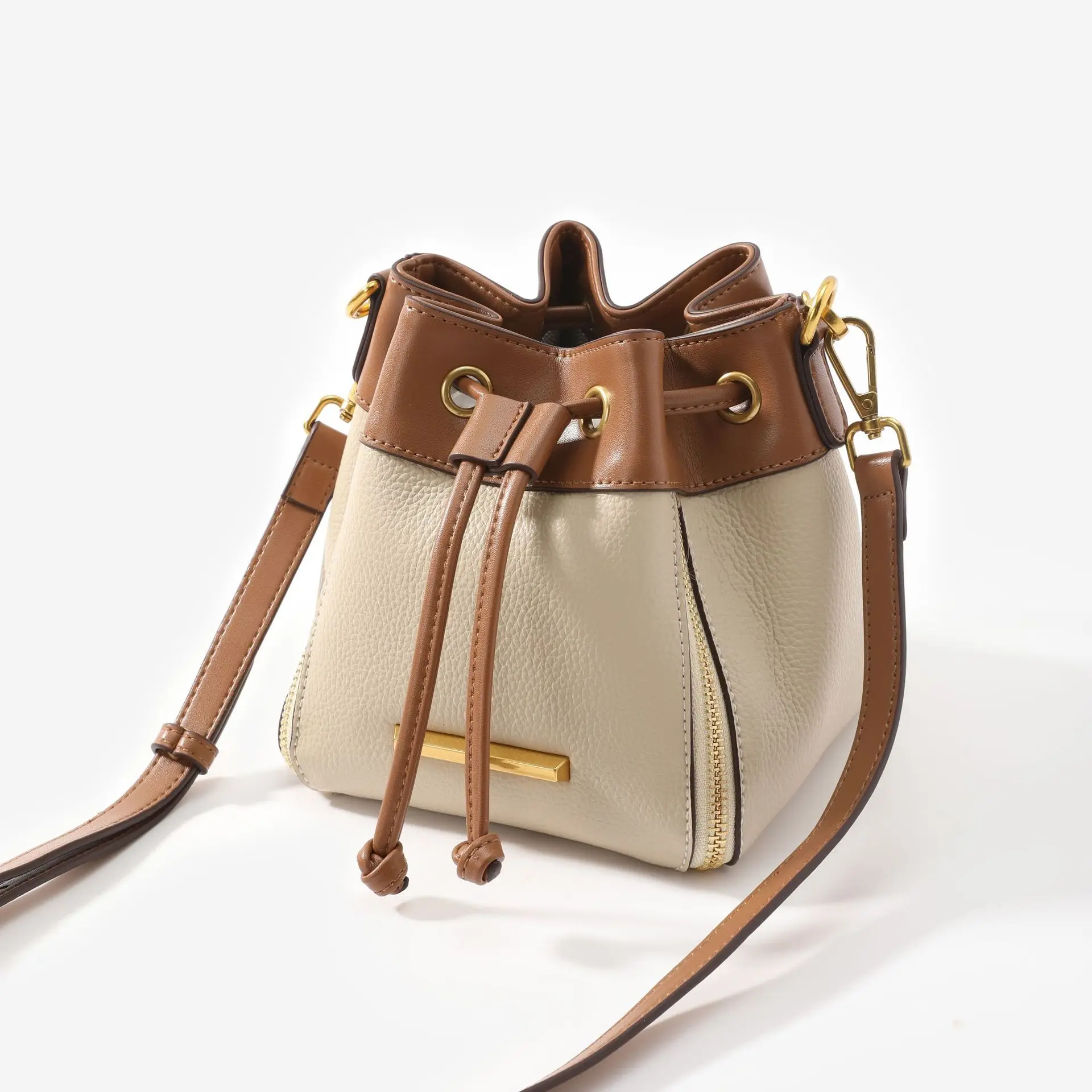 Drawcord Leather Bucket Shoulder Bag 2024 Beige Color Lady Crossbody Bag Purse External Zipper Decorate Handbag