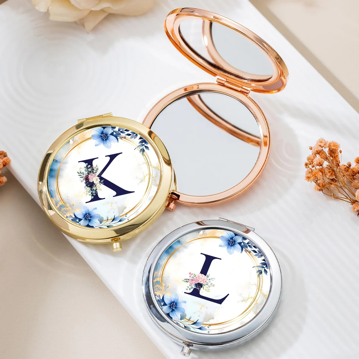 Double sided portable folding makeup mirror, flower letter women's travel bride bridesmaid gift pocket mirror
