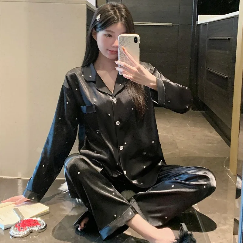 Japanese-Style Cute Girl Star Print Ice Silk Nightwear Women's Spring and Autumn Long-Sleeved Long Pants Homewear Actual Photo image 3