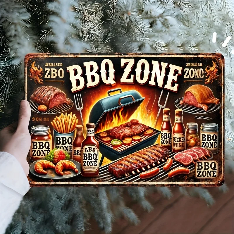 20.32x30.48 cm Vintage BBQ Zone Metal Sign - Retro Tin Wall Art with Classic Grilling Scene, Meats & Condiments - Rustic Wall De