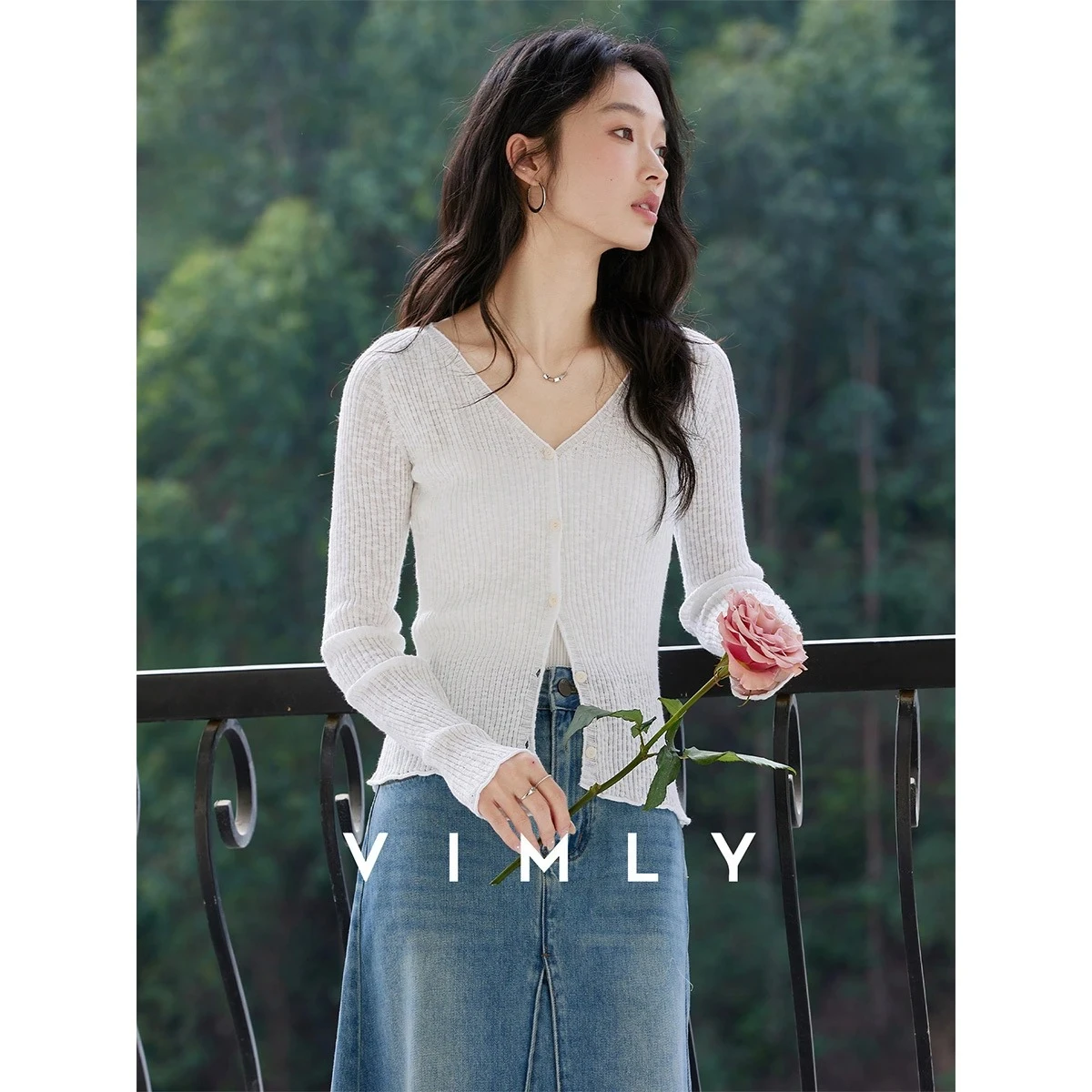

VIMLY женский хлопковый вязаный кардиган, осень 202, свитера с v-образным вырезом и рюшами, утягивающий крой, удобный женский трикотаж 30250