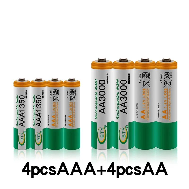 

100% New 1.2V AA 3000mAh NI-MH Rechargeable Batteries+AAA battery 1350 mAh Rechageable 1.2 V AAA