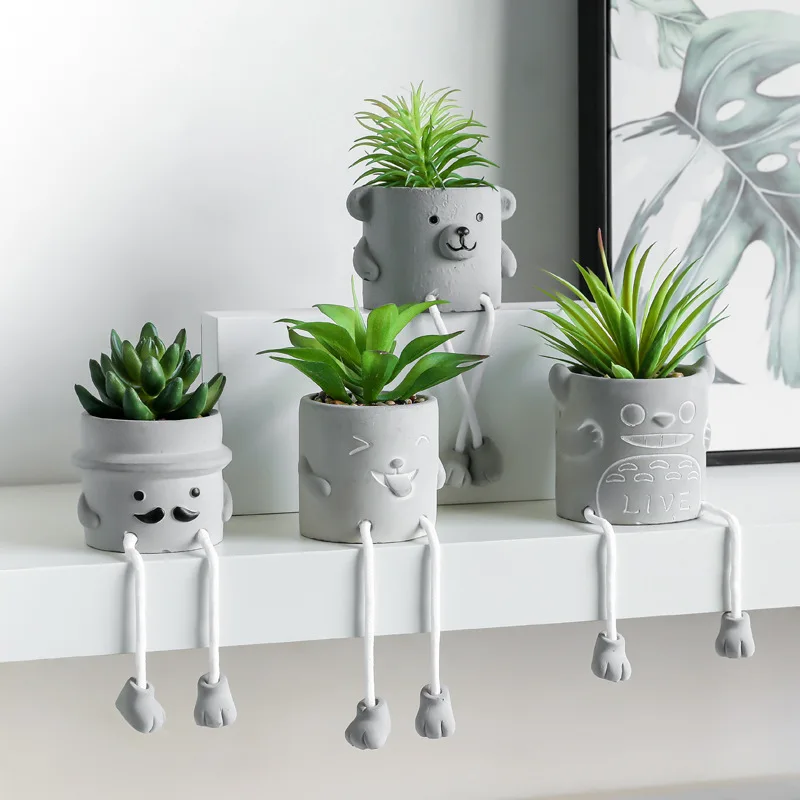 Simulation Succulent Potted Creative Hanging Doll Cement Flowerpot Cactus Succulent Indoor Living Room Vase Decoration