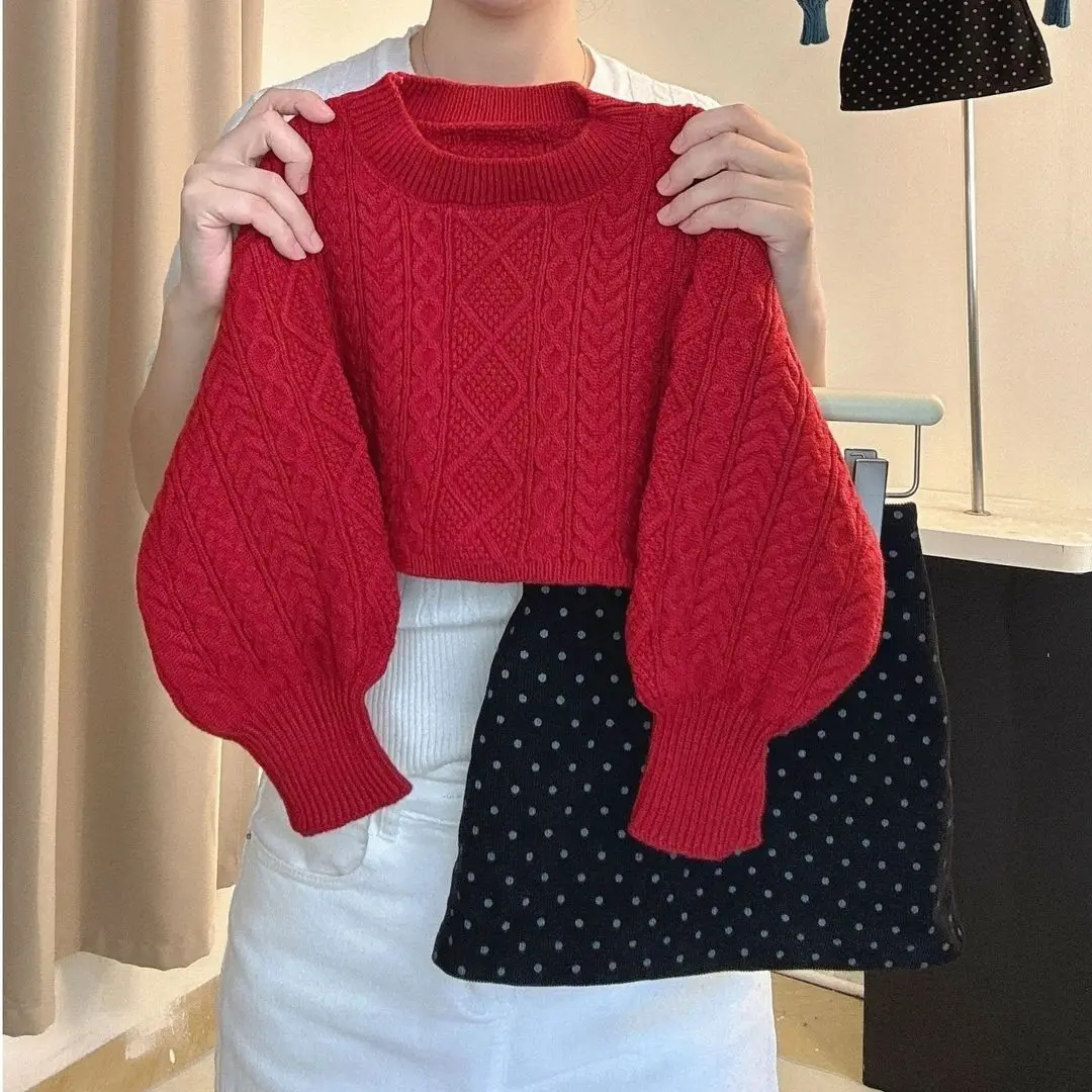 Girls Autumn Set Korean Girls Red Knitted Hook Flower Casual Sweater Polka Dot Short Skirt Two Piece Set Trendy