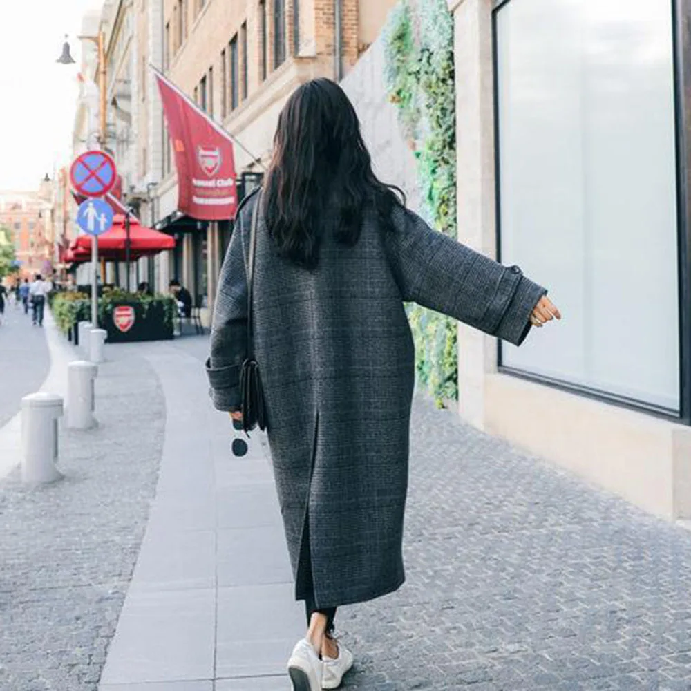 Plaid Coat Ladies Temperament Long 2024 Autumn And Winter Korean Fashion Loose Over The Knee French Hepburn Wind Coat Female Tid