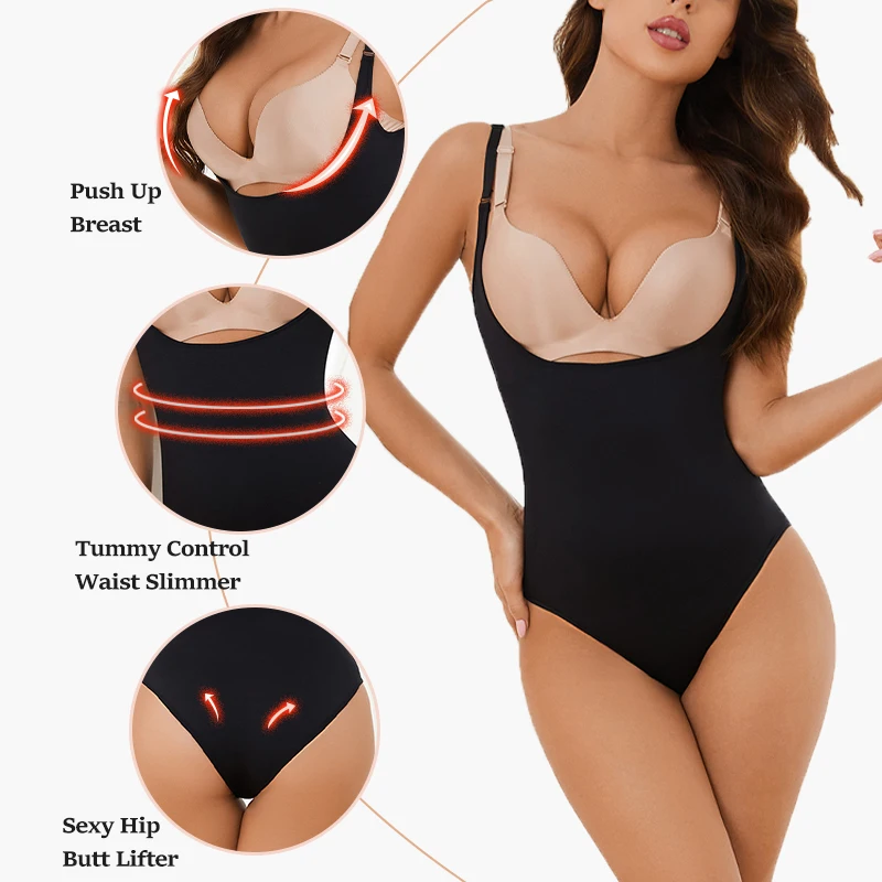 Tummy Control Bodysuit Women Shapewear Underbust Breast Push Up Body Shaper Butt Lifter Seamless Underwear Slimming Waist Black