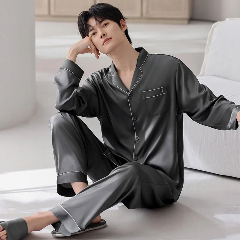 Big Size L-4XL Men's Satin Nightwear for Spring Lightweight Homewear Male Cardigan Solid Color Luxury Pajamas Set Hombre Pijamas