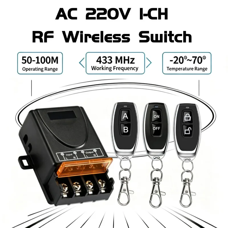 433Mhz Wireless Remote Control Switch AC 110V 220V 10A Relay 1CH Receiver Controller and 2 Button RF433 Mhz Transmitter