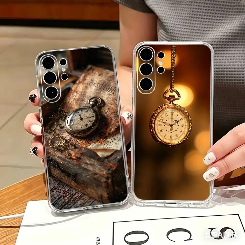 Nostalgia Memory Vintage Pocket Watch Transparent phone Case For Samsung S25,24,21,22,21,20,10,S9Ultra,Plus,Fe,Lite