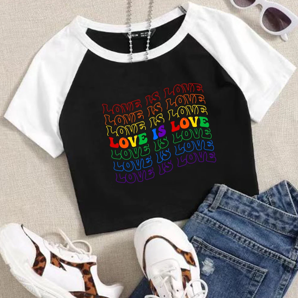 

Love Is Love LGBT Flag wave Crop Shirt O-Neck Navel exposed shirt Pride Month