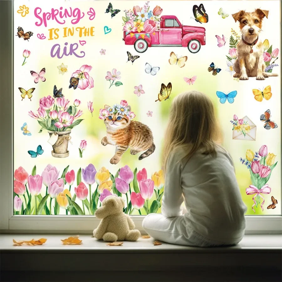 

Spring Window Decals- Vibrant Tulips, Butterflies, Hummingbirds, Cats, and Dogs Design for Home, Living Room, Car, Office Decor