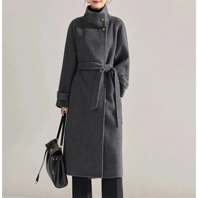 Korean Women Fashion Loose Casual Woolen Coat Winter Ladies New Long Sleeved Wool Jacket Autumn Femme Stand Collar Blend Outwear
