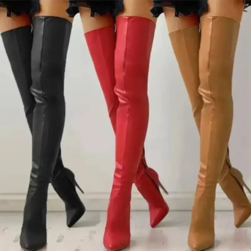 

High Heels Boots Women Over Knee Boots With Side Zipper Sexy Pointed Toe Ladies Black Red Thigh Boots