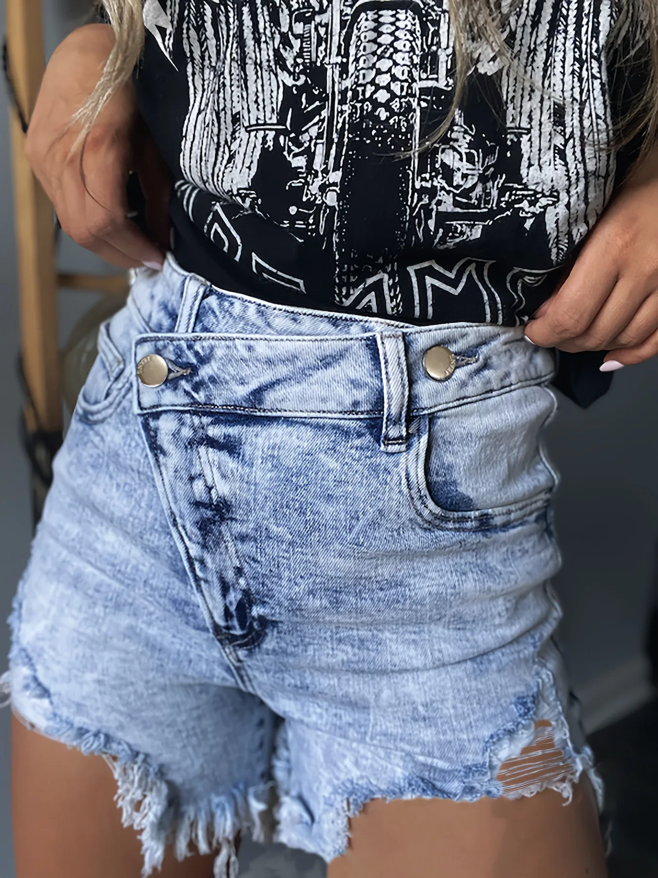 New Women Asymmetrical Hem Elastic Light Blue High Waist Buttons Holes Snowflake Denim Shorts
