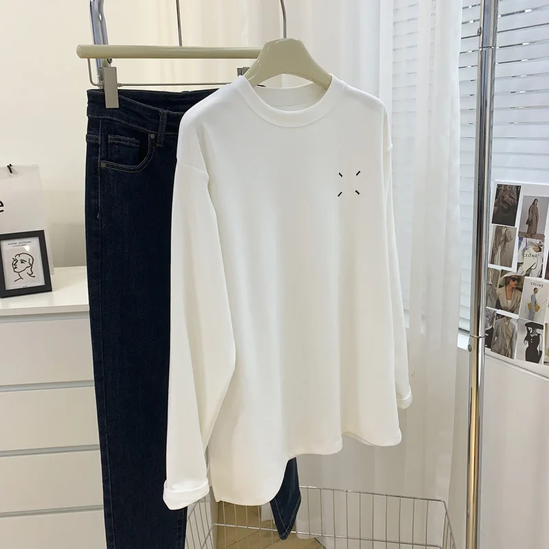 Embroidered Brushed T-shirt White Long Sleeve Fall Winter Women Thick Warm Casual Basic Tops