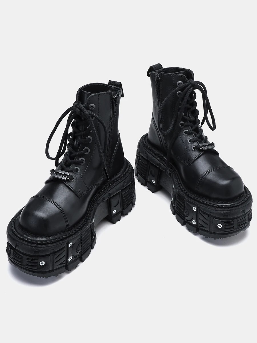 Black Real Leather High Platform Metal Rivet Lace Up Ankle Boots 2025 New Punk Style Tank Thick Sole Shoes Winter fashon shoes