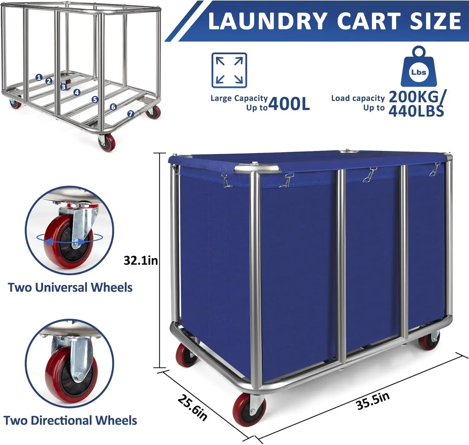 Laundry Cart with Wheels,11.35 Bushel Large Laundry Cart,Industrial Laundry Cart with Stainless Steel Frame and Waterproof Oxfor