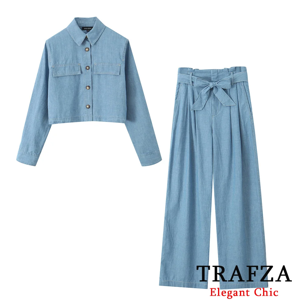 

TRAFZA Casual Solid Short Shirt Set Women New 2024 Spring Fall Holiday Commuter Pant Set Flap Shirt and Belted Wide Leg Pant