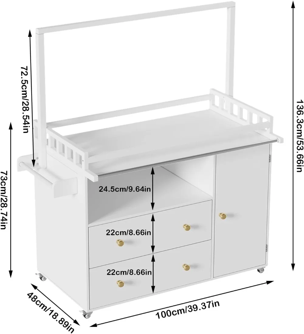 ベビーチェンジングテーブル（車輪、引き出し、洋服掛け付き）- 保育園用モバイルおむつ交換台