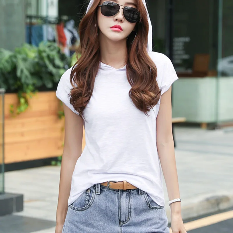 

2025 Summer Short Sleeve Hooded Loose Cotton T-shirt Women Korean Tees Casual Tshirts Basic Solid Tops Mujer Woman Clothing