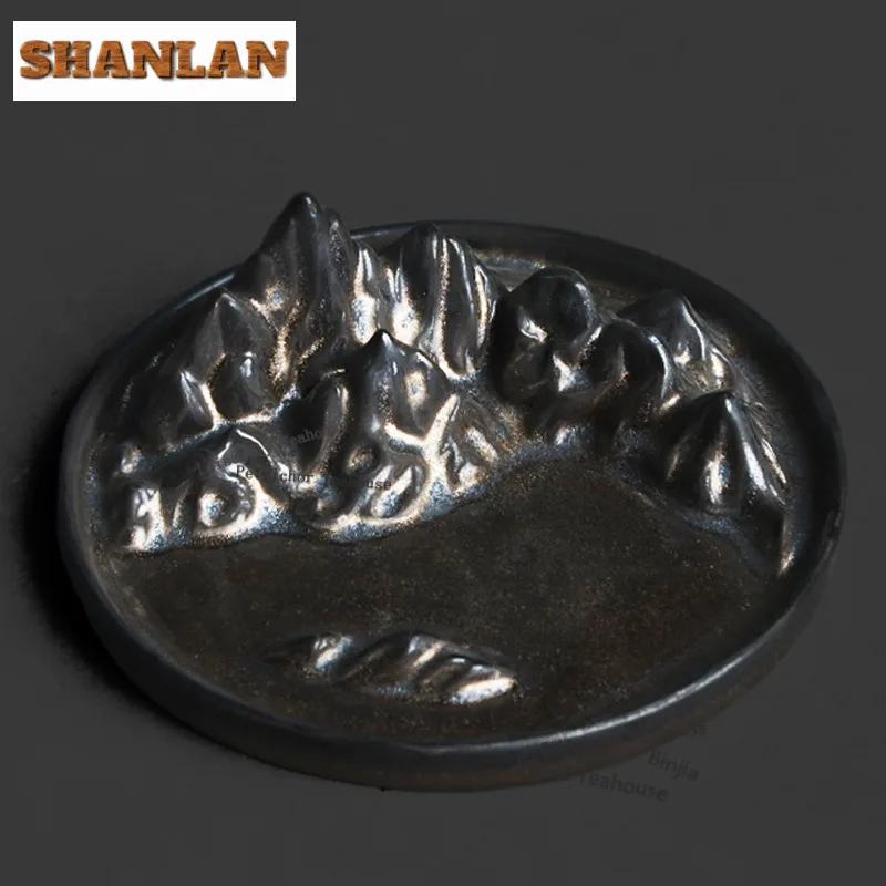 Kiln Fambe Black Gilt Mountains Incense Holder Zen Garden Incense Burners Meditation Censer Lid Holder Teaware Supplies Crafts