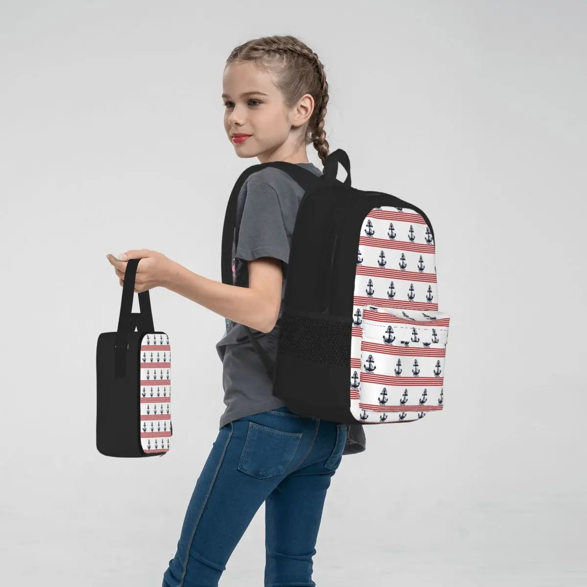 

Stripes With A Navy Blue Anchor Backpacks Students School Bags Kids Rucksack Lunch Bag Pen Bag Three-Piece Set