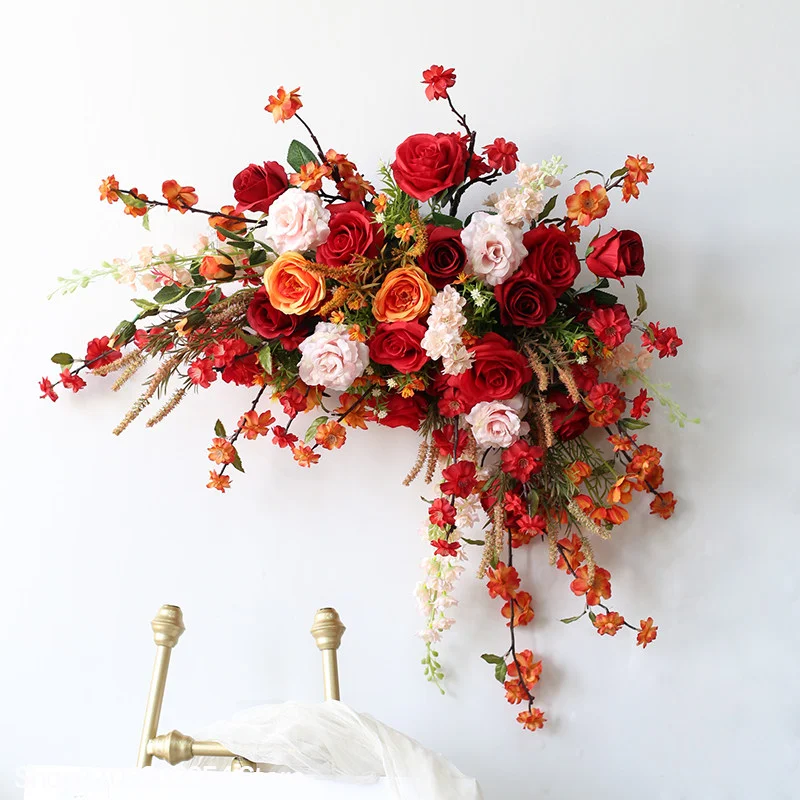 Hochzeits-Hintergrunddekoration, hängende Tischdekoration im chinesischen Stil, orange-rot-grüne Blätter, Blumenarrangement für Veranstaltungen, Bodenblumenball – Detail 4