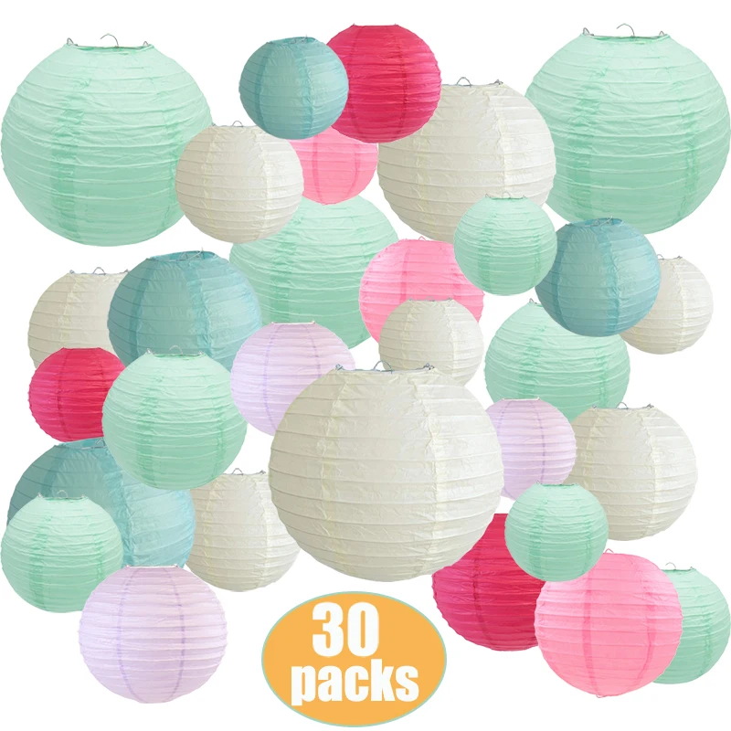 30 Pcs Paper Lanterns 6-14 Inch Mint Beige Mixed Colors Sizes Paper Ball Lampions for Wedding Party Xmas Event Hanging Decor