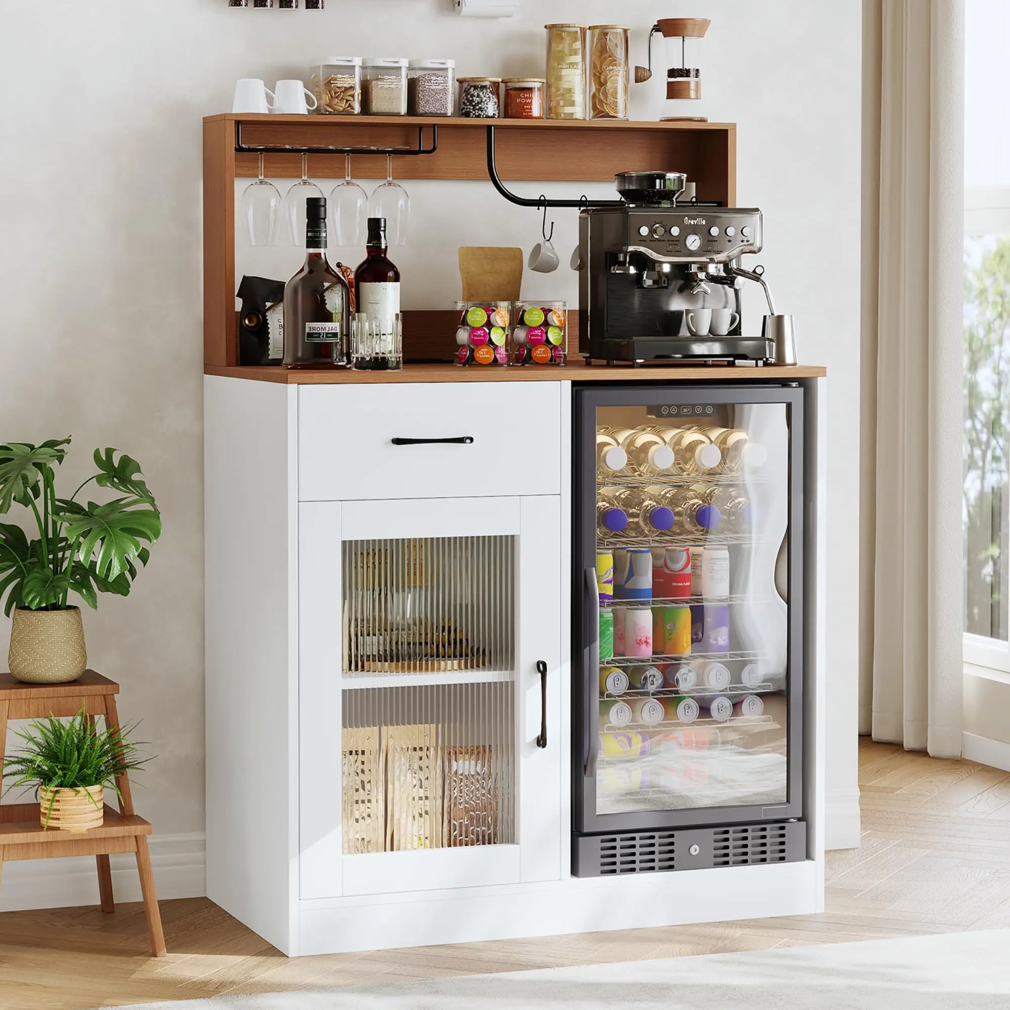 Beverage Cabinet With Mini Fridge Space, Power Outlet, Fluted Acrylic Door, Glass Rack, Drawer, Coffee Station Storage Center