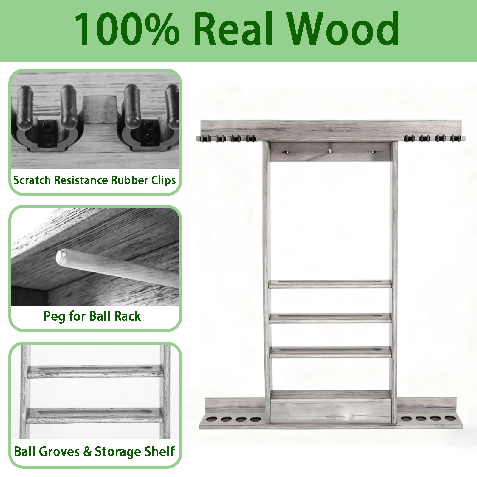 8-Cue Wall-Mounted Pool Cue Rack Stand, Solid Wood Billiard Stick Holder for Full Ball Set & Accessories, Home, Game Room, Bar