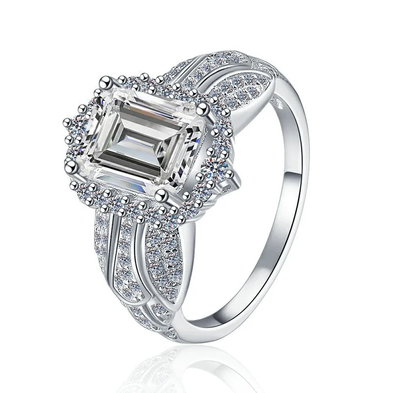 

ZFSILVER 925 Silver Fashion Luxury Trendy Color D Moissanite Design Rectangle Ring Charm Women Wedding Party Jewelry Gift JZ0158