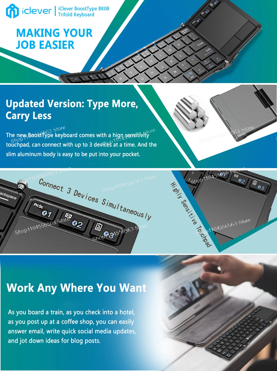 タッチパッド付きポータブル三つ折りBTキーボード
