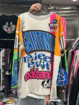 Moda Mektup Baskılı Gevşek Uzun Kollu Tişört kadın 2023 İlkbahar ve Sonbahar Yuvarlak Boyun Kazak Orta Uzunlukta Pamuklu Üst