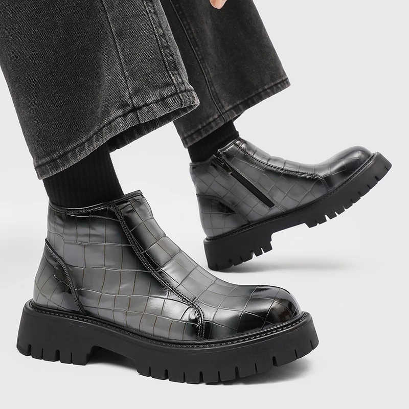 Men Crocodile Chelsea Boots Vintage Embossed Leather Ankle Boots Chunky Platform Zipper Shoes Male Fashion High Top Footwear