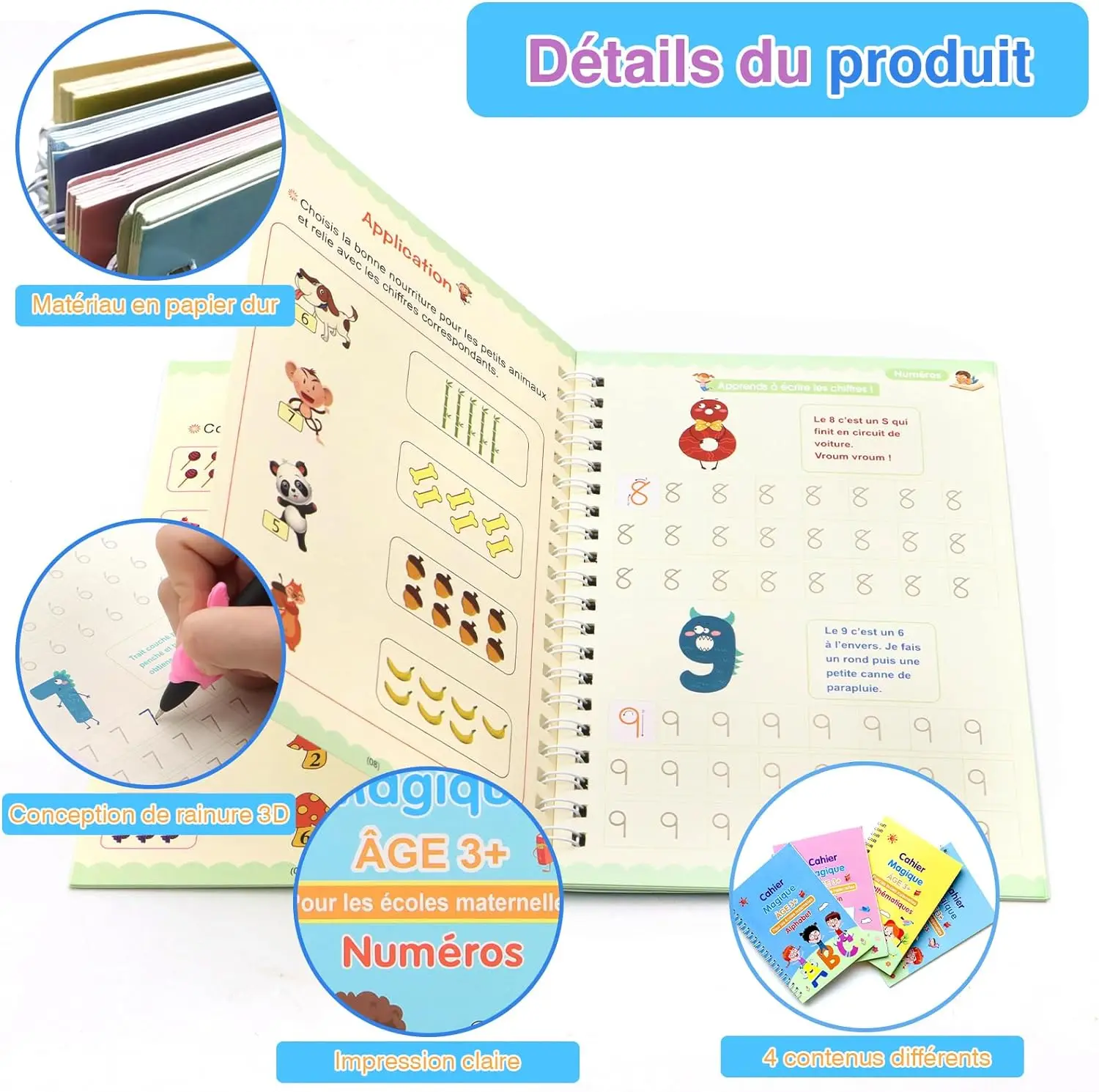 4เล่มหนังสือมหัศจรรย์ montessorii ปากกาวาดรูปการศึกษาการศึกษาการศึกษาการศึกษา Montessori สมุดบันทึกการเขียนแบบฝึกหัดภาษาฝรั่งเศส