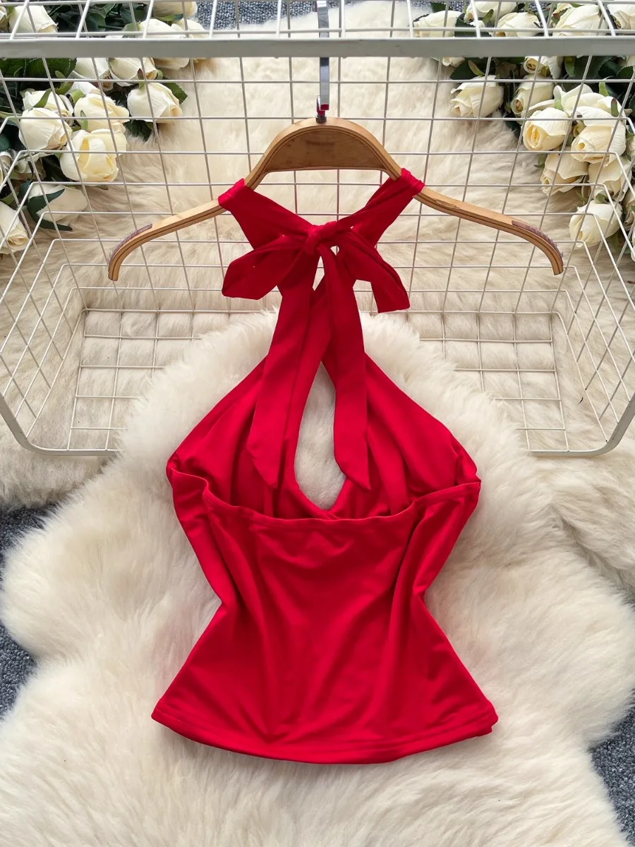 Foamlina European High Street Hollow Out Ring Buckle Halter Crop Top Women 2025 Summer Sexy Slim Fit Vest Tanks For Y2k Girls