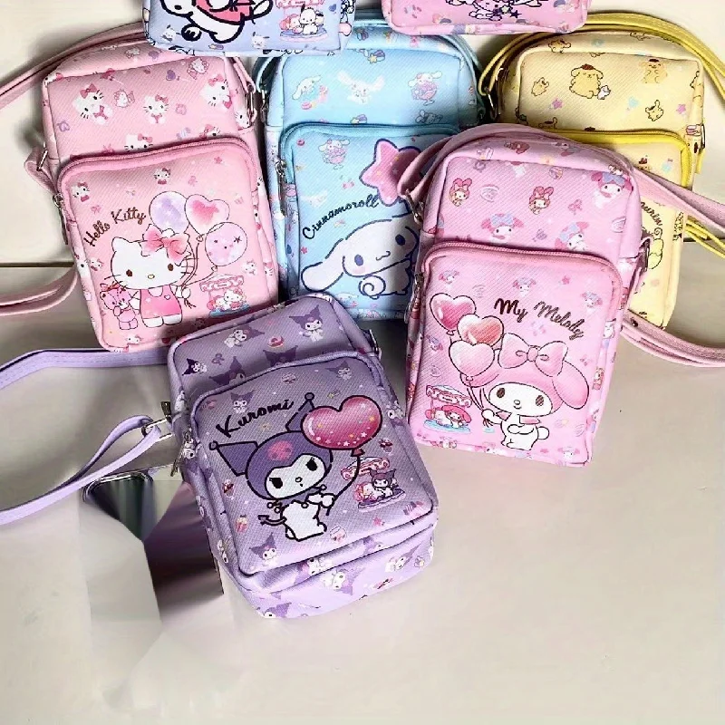 Kitty Kuromi Melody Cartoon Phone Holder Messenger Bag - Soft PU Leather, Cute Cartoon Character Pattern Durable Shoulder Bag