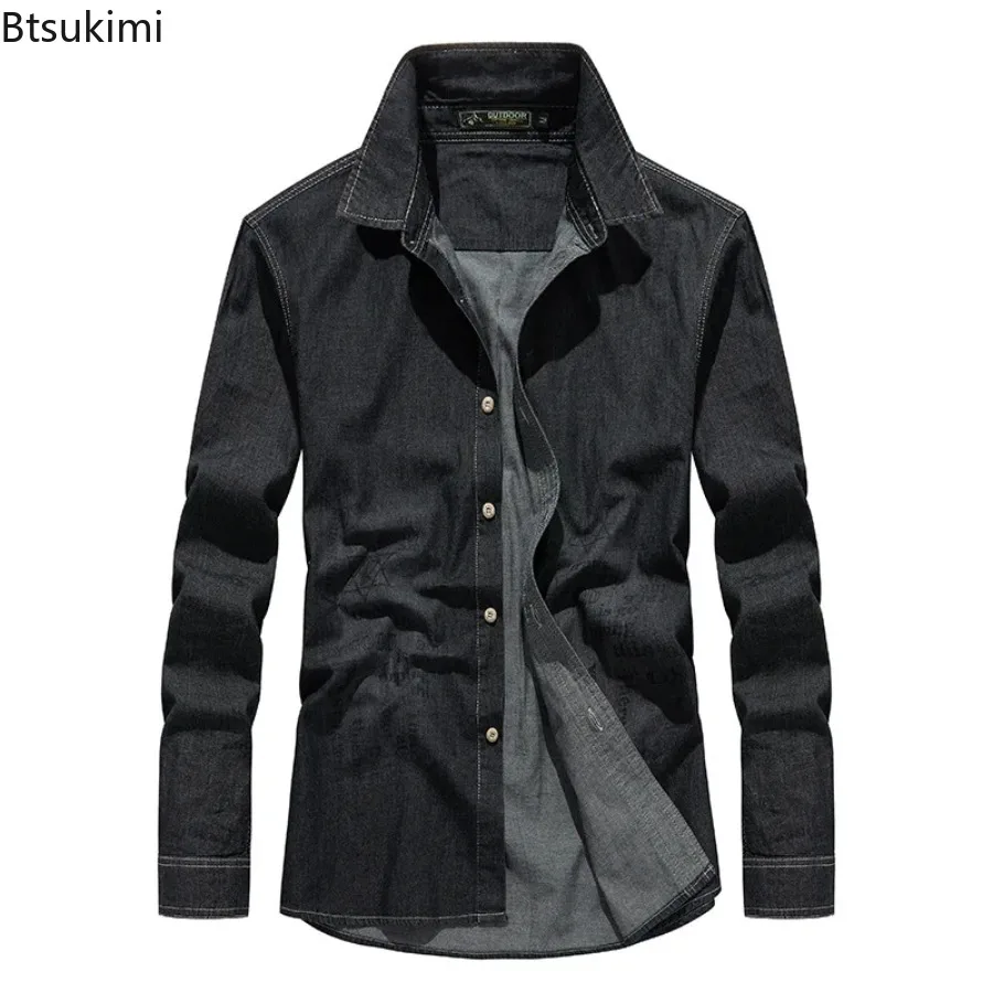 New Men's Vintage Denim Workwear Shirts Men Slim Fit Trendy All Match Casual Long Sleeve Button Down Blouse Streetwear Outerwear