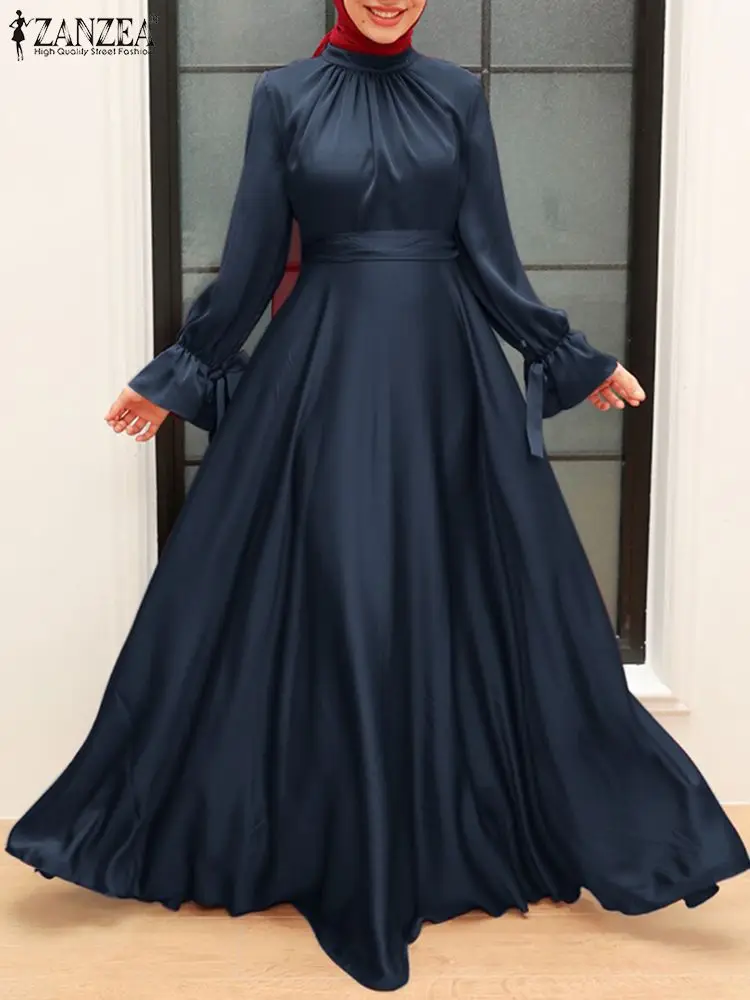 

Women Elegant Long Sleeve Solid Satin Sundress 2024 ZANZEA Spring Muslim Maxi Dress Robe Femme Dubai Turkey Abaya Hijab Vestidos