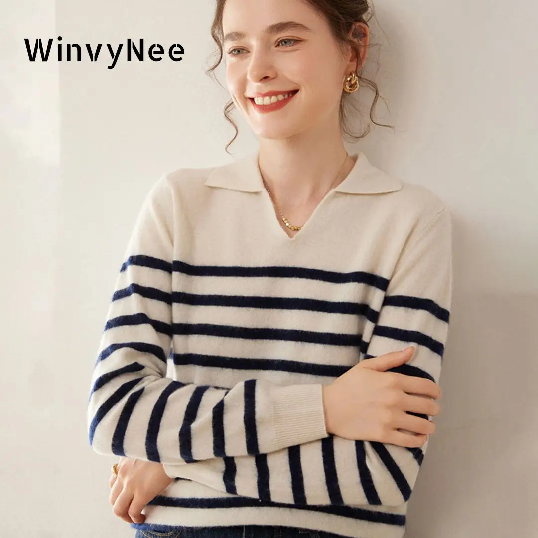 WinvyNee Women's Cashmere Wool Striped Sweater Polo V Neck Long Sleeve Outerwears Blouse Warm Pullover Clothing Winter A1054034