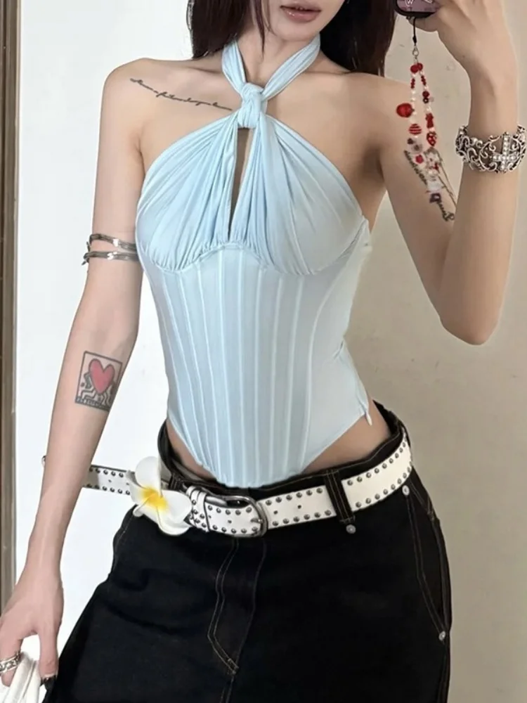 Bandage Halter Top Neck-mounted Crop Tops Women Clothing Backless Camison Verano Solid Color Y2k Accessories Cute Ropa De Mujer