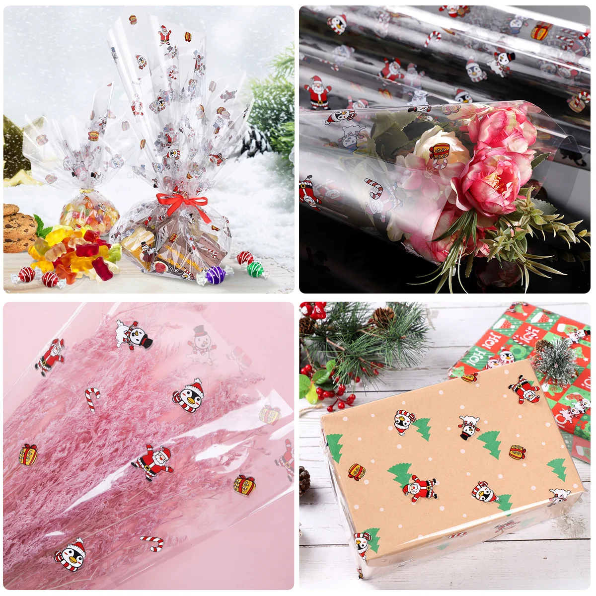 STOBOK Cellophane Wrap 25 Mil Thickness Cellophane Wrap Roll Santa Claus Pattern Design Cellophane Bags to Wrap Gift Baskets Ar