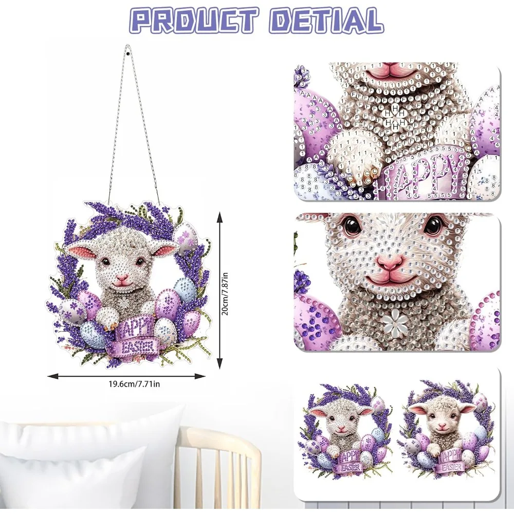Easter DIY Diamond Painting Kit for Adults Special Shaped Lamb Rhinestone Art with Pendant Window Hanging Ornaments Home Garden Wall Door Spring Holiday Decorations Complete Craft Set with Diamonds Tools Sparkling view 4