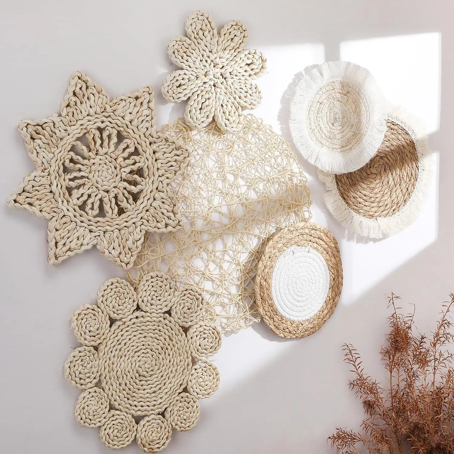 Bohemian Straw Woven Wall Decoration Home Living Room Background Wall Art Pendant Rustic Natural Wicker Weave Ornament