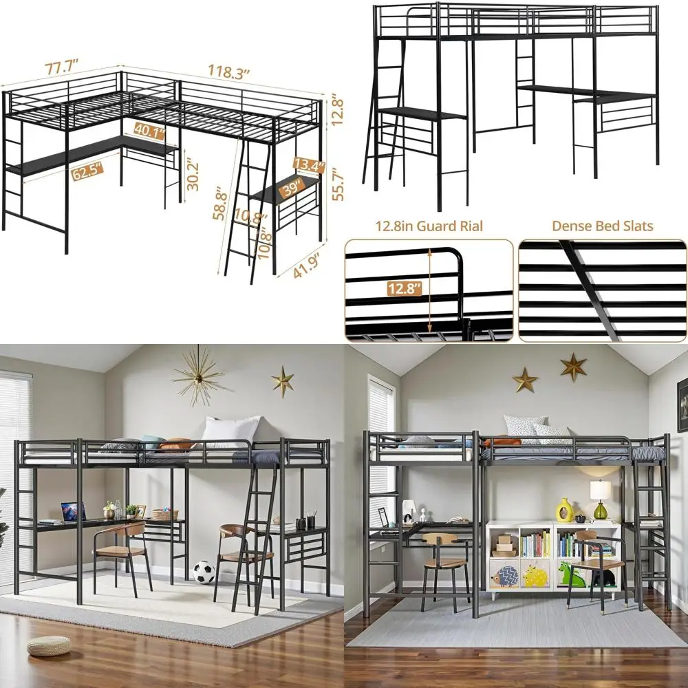 

Twin Size L-Shaped Bunk Bed with 2 Desks, Metal Frame, 2 Ladders, Safety Rail, Ideal for 2 Kids or Adults, Space-Saving, Quiet,