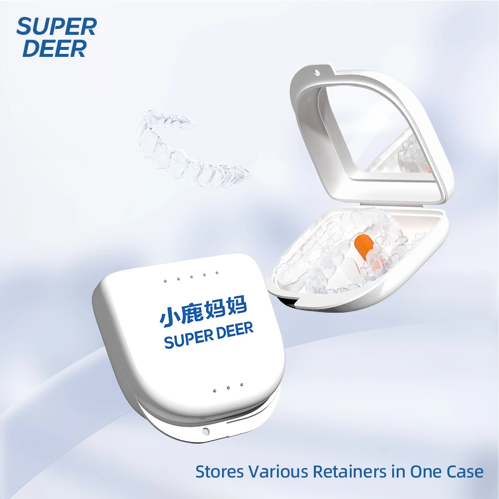 Super Deer Slim Travel Retainer Storage Case Built-in Mirror, Portable Orthodontic Aligner Denture Mouth Guard Box for On-the-Go