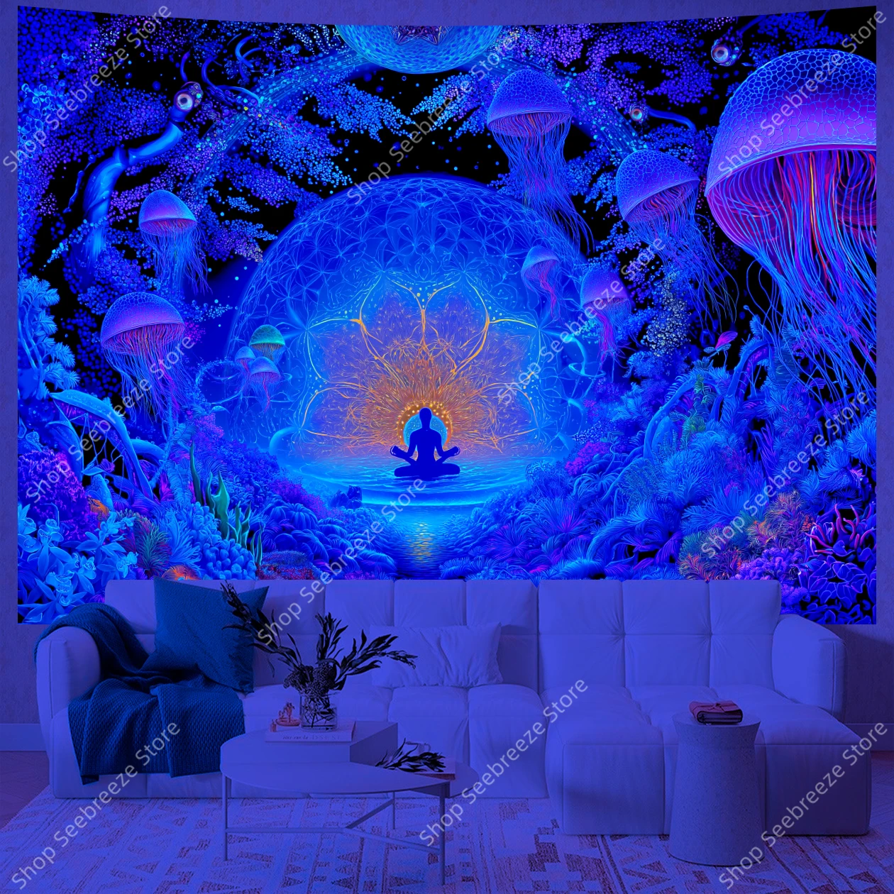 متوهجة قنديل البحر بوذا التأمل الأشعة فوق البنفسجية نسيج مع لوتس والمرجان باطني اليوغا غرفة نوم ديكور بوهو جدار الشنق الفن