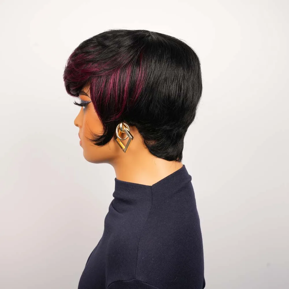 짧은 스트레이트 픽시컷 가발 버건디 색상 짧은 인모 가발 앞머리 포함 기계 제작 브라질 레미 인모 가발 흑인 여성용