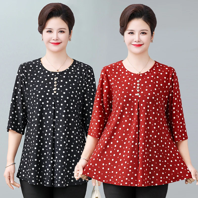 Polka Dot Round Neck Seven Quarter Sleeved Shirt Classic Plus Size Contrasting Elegant Commuting Style Tops 2025 Summer Shirt