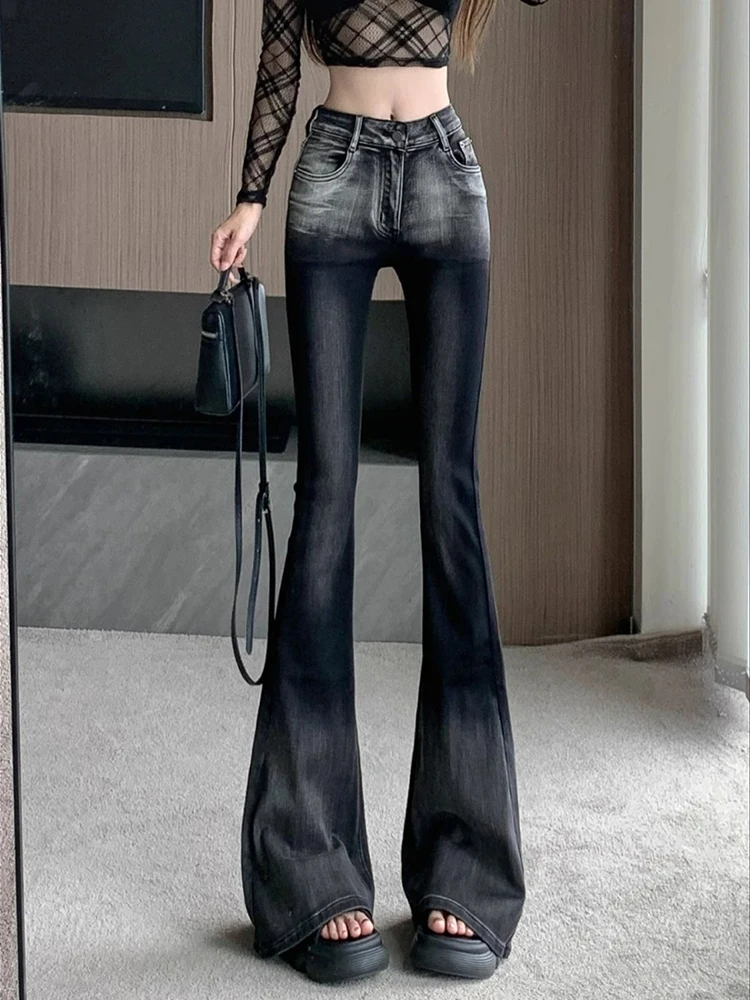 

Women in autumn and winter new high waisted slim fit micro flared pants elastic black and gray gradient denim flared pants